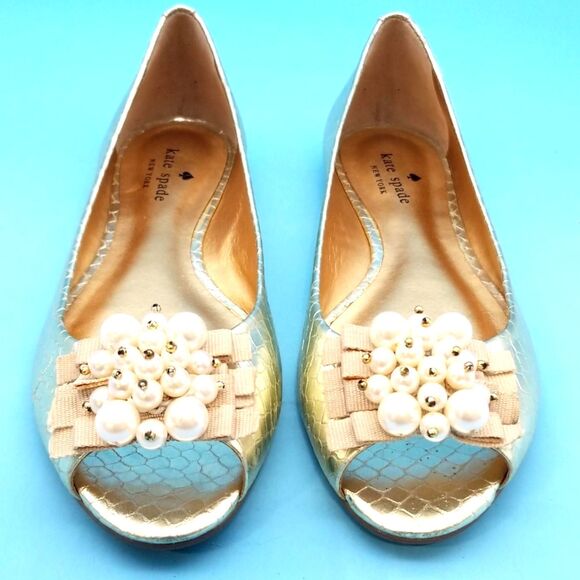 Kate Spade Women's Ollie Peep Toe Pearl Embellished Flats Size 6 - Picture 2 of 6